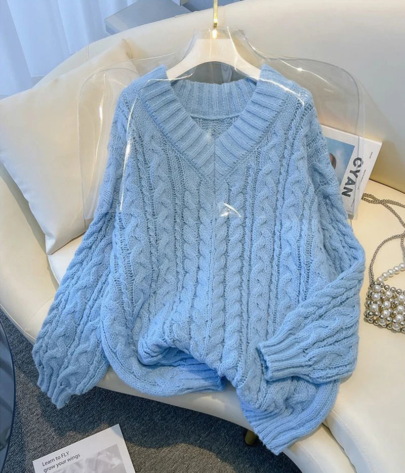 MEXZT Harajuku Pullover Frauen Mode Übergroßen Rosa V-ausschnitt Gestrickte Pullover Koreanische Langarm Strickwaren Winter Casual Jumper