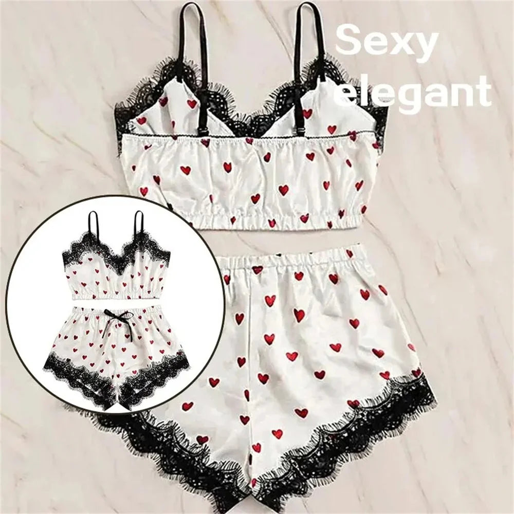 2PCS Pyjama Anzug Frauen Mode V-ausschnitt Stretch Satin Spitze Sexy Dessous Bowknot Pyjamas Schlaf Shorts Set Nachtwäsche Sling Set neue