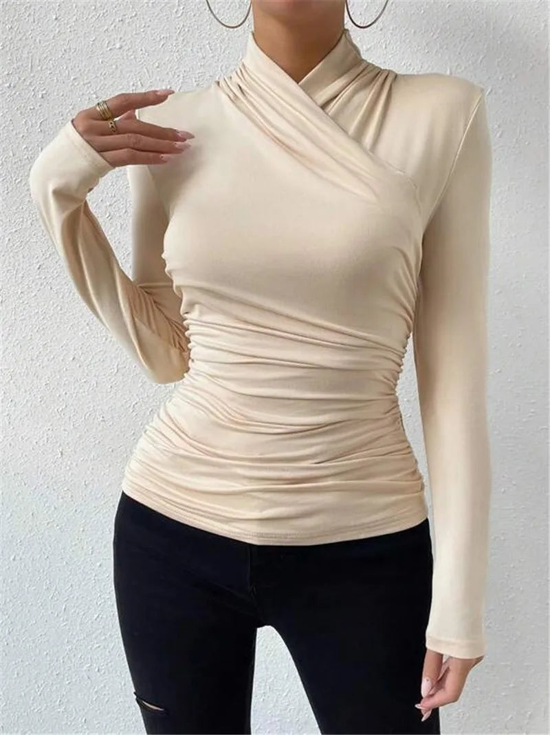 Women's Clothing Autumn Winter Tshirts New Design Cross Neckline Versatile Pleated T-shirt Comfortable Fashion Slim Fit Sexy Top