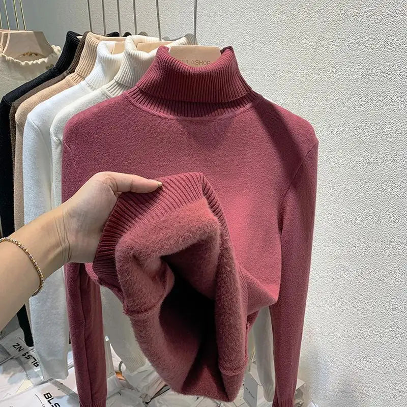 2025 neue Verdicken Hohe Kragen Pullover frauen Pullover Top Winter Warme und Weiche Einfarbig Inneren Tragen Bodenbildung Shirt
