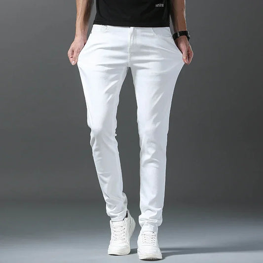 2025 Spring Summer New 98%Cotton Men's Slim Jeans Straight Casual Fashion Pencil Pants High Quality Trousers Male Clothes White.