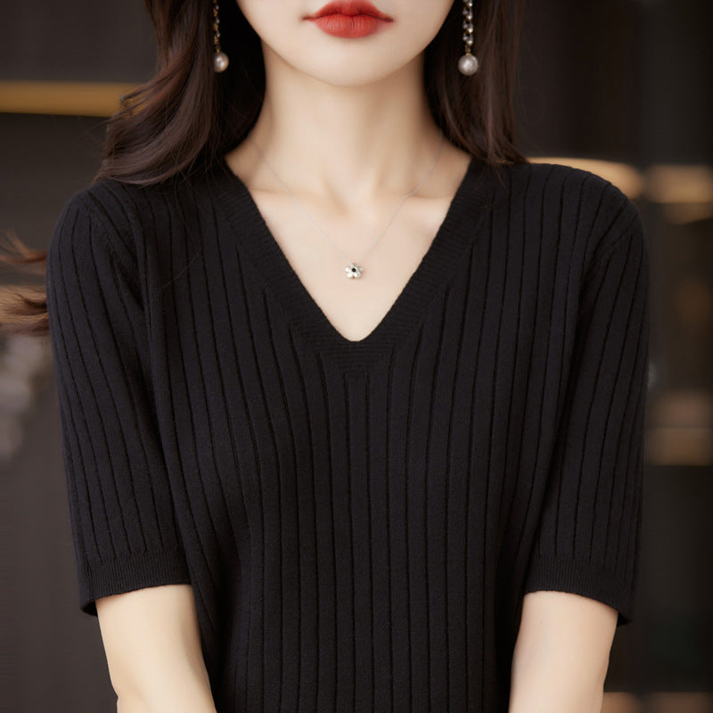 Frauen Pullover Frühling Sommer Kurzarm V-ausschnitt Strick Hemd Casual Koreanische Pullover Streifen Bodenbildung Shirt Slim Fit Jumper