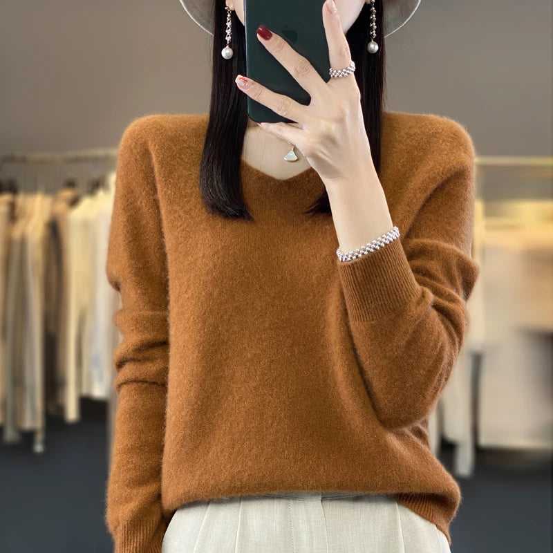 2024 100% Merino Reine Wolle V-ausschnitt Herbst Und Winter Pullover Pullover Neue Kaschmir Pullover frauen Beiläufige Gestrickte Top DMR201