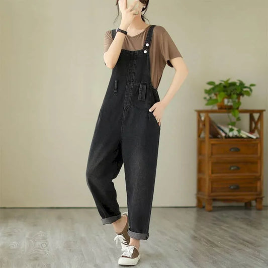 Denim Jumpsuits for Women Pocket Design Korean Style Loose Straight Pants One Piece Outfit Women Overalls for Women Playsuits.