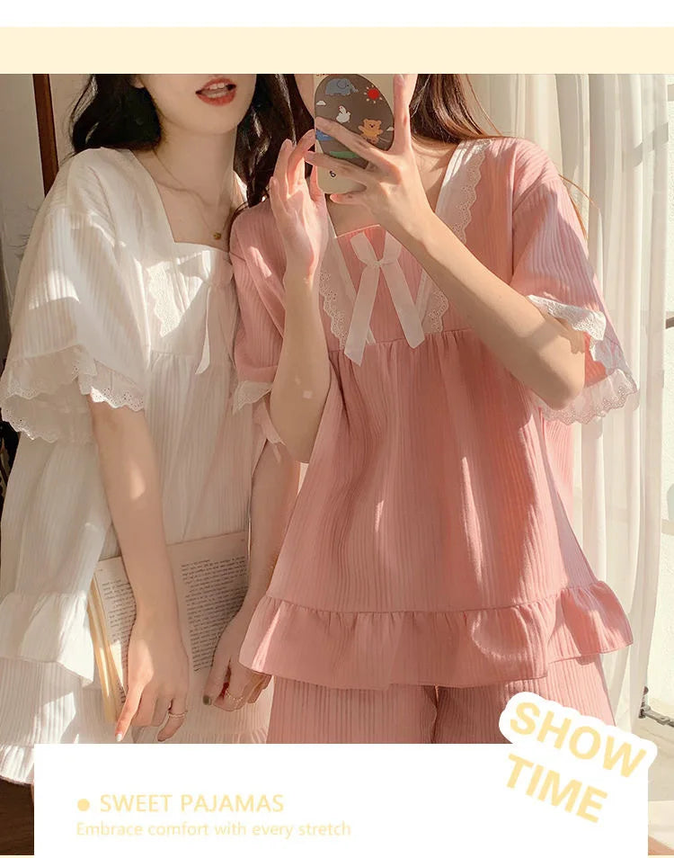 Palast Stil Pyjama Damen Sommer Lounge wear Set kurz ärmelig mit Kissen koreanische kleine süße Freundinnen Lounge wear Set