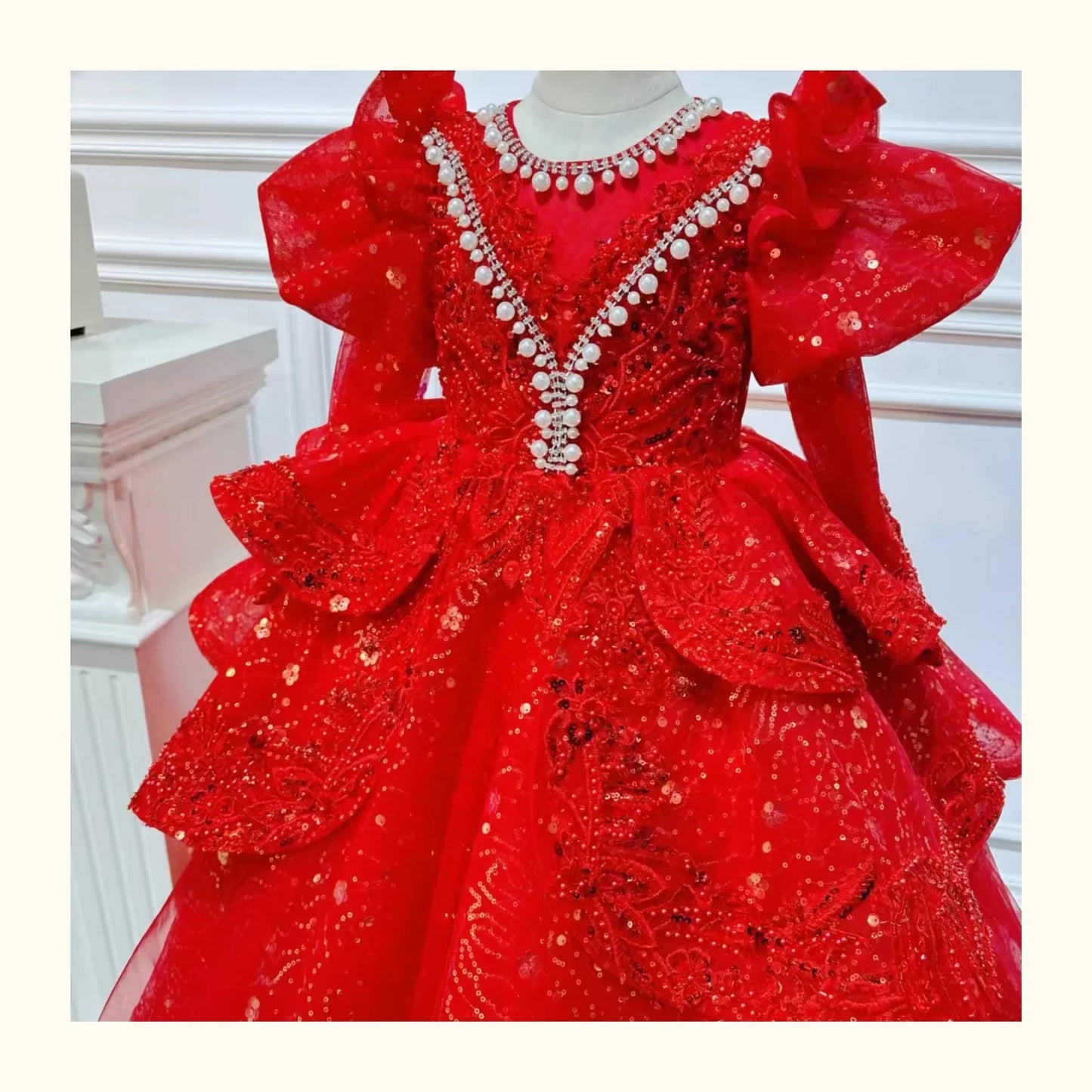 2025, Kinderkleid, Performance-Outfit, Mädchen, Blumen-Pailletten, geschwollenes Kleid, rote Partykleidung, Kinder, Mädchen, Geburtstag, Prinzessinnenkleider, glitzernd