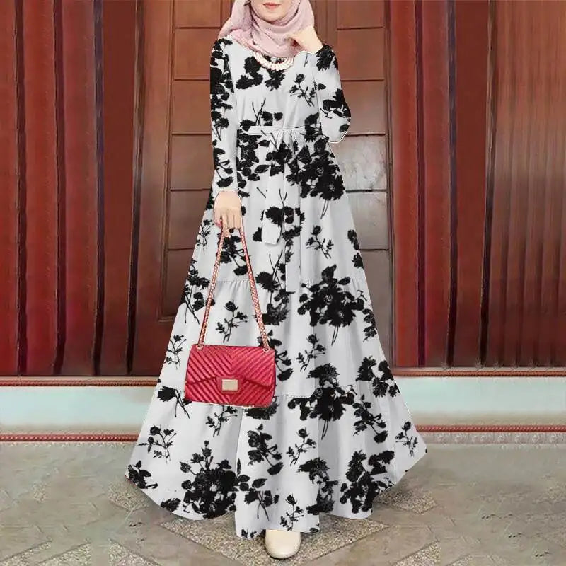 Zanzea Blumen druck böhmischen Maxi kleid Frauen Mode Langarm o Hals abgestufte Vestidos islamische muslimische Gürtel Abaya lange Roben