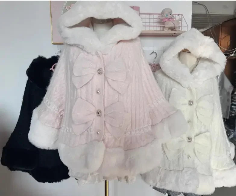 Japanische Liz Süße Prinzessin Faux Kaninchen Fell Cape Mantel Frauen Herbst Winter Pelz Jacke Lose Uhr Strass Bogen Mit Kapuze Mantel