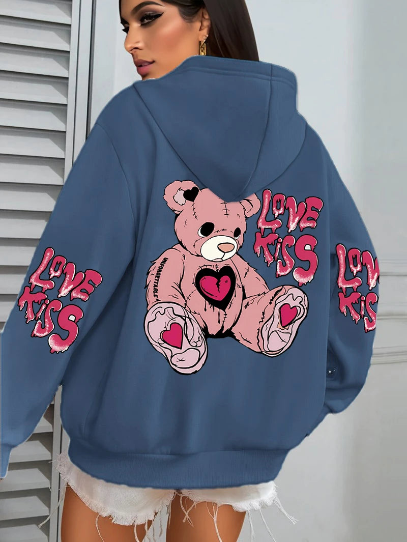 Rosa Liebe Kuss Kunst Brief Drucke Hoodies Frauen Tasche Herbst Hoody Fleece Mehrfarbige Streetwear Unisex Hip Hop Y2K Kleidung