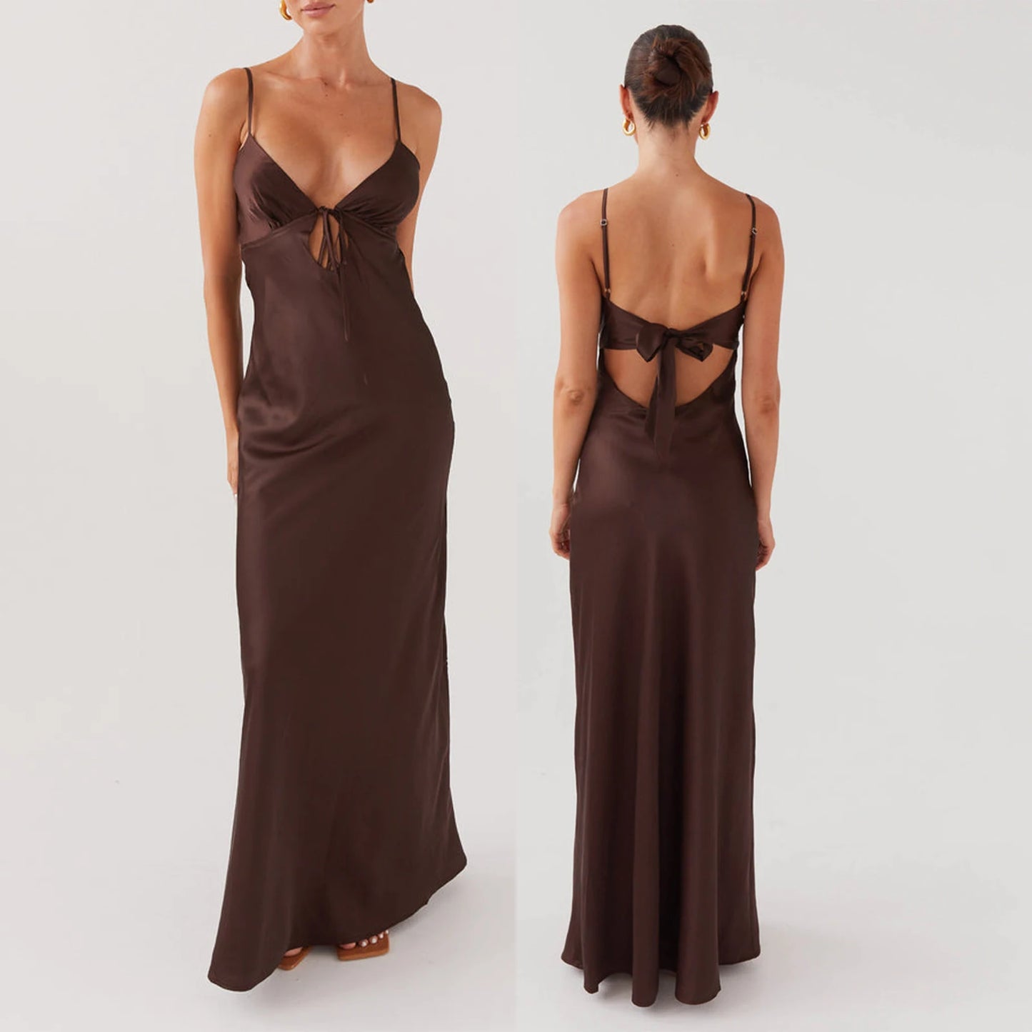 Combhasaki Damen-Kleid, elegant, einfarbig, verstellbar, dünn, Schultergurte, Ausschnitt, zum Binden vorne, rückenfrei, Sommer, langes Cami, seidiges Kleid