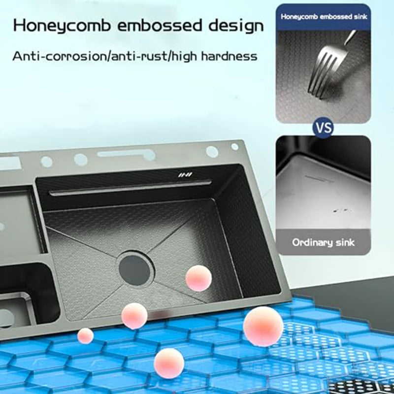 Modern Multifunctional Nano Kitchen Sink with Waterfall Faucet & Accessories for Home Chefs and Families in Contemporary Kitchen