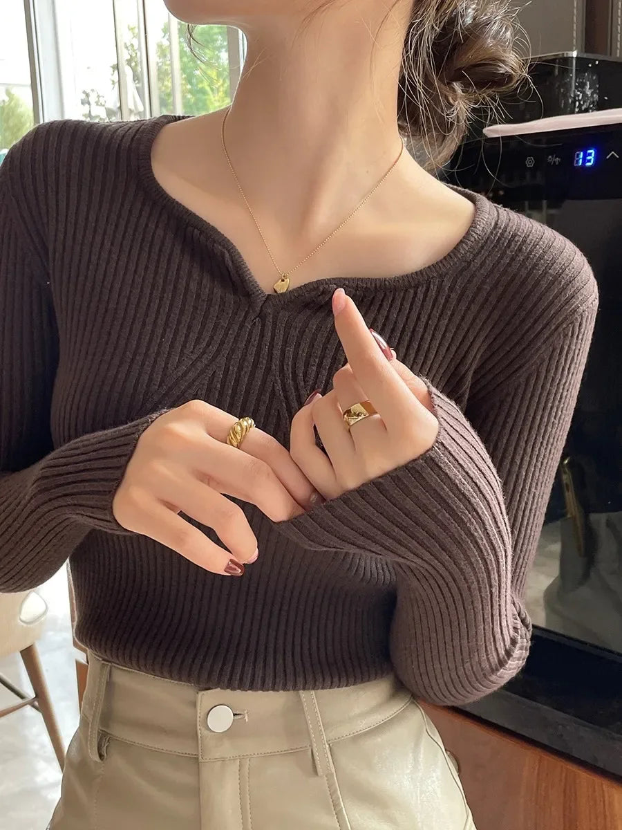 2025 grundlegende V-ausschnitt Chic Herbst Winter Pullover Frauen Weibliche Gestrickte Rippen Pullover Dünne Lange Hülse Badycon Hohe Qualität Pullover