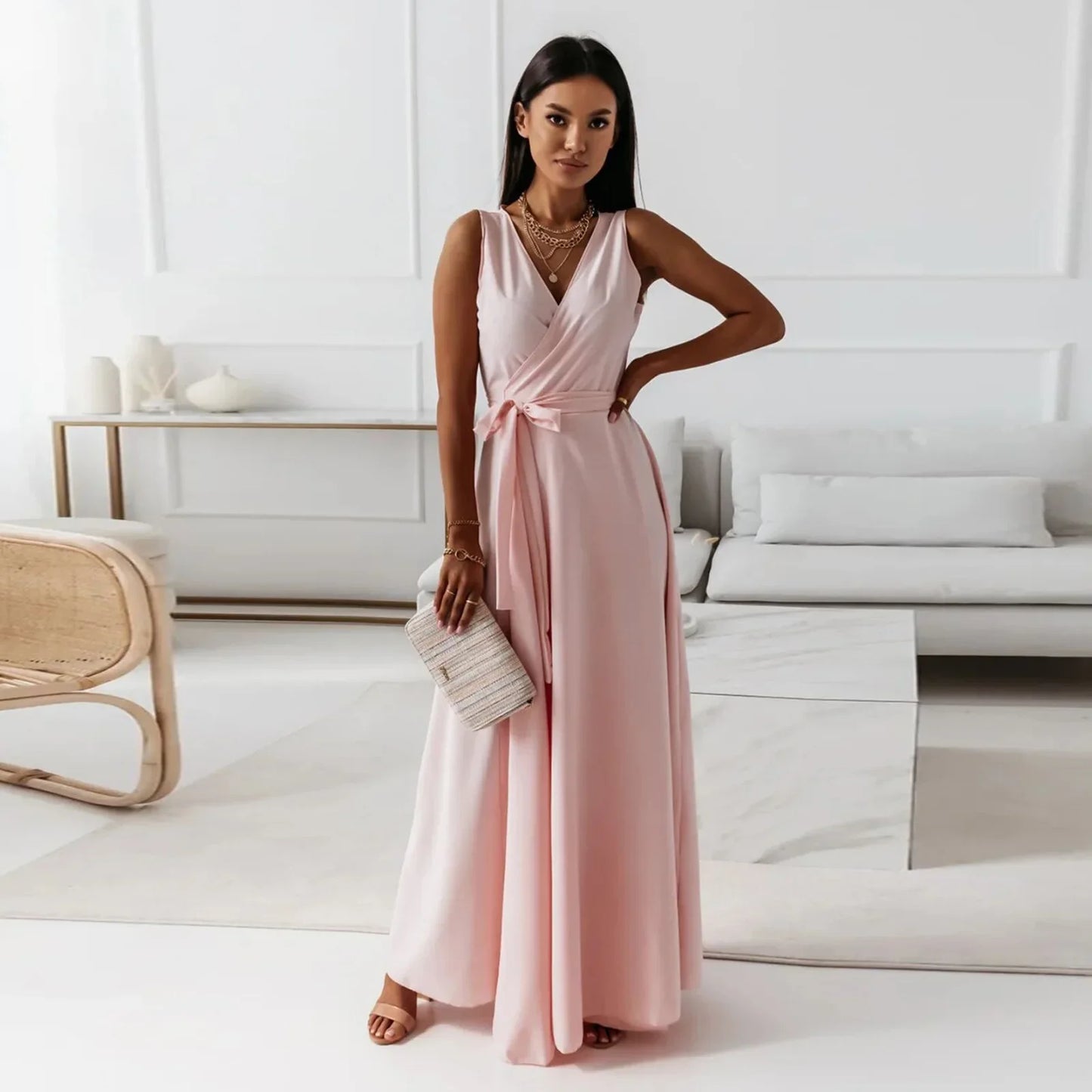 Frühling Sommer Neue Stil frauen Lange V-ausschnitt Kleid Reine Farbe Maxi Kleid Ärmelloses Empire-Taille Kleid für Damen Modische