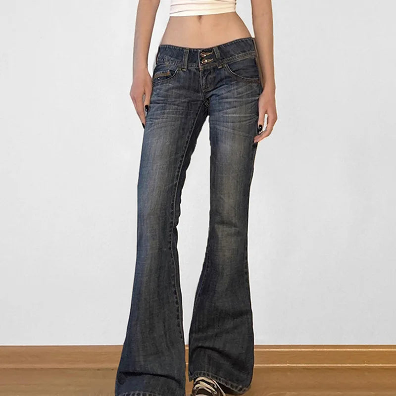 Vintage Y2K Flared Jeans Retro Button-up Low Rise Casual Denim Hose Harajuku 2000er Jahre Hose Basic Aesthetic Mom