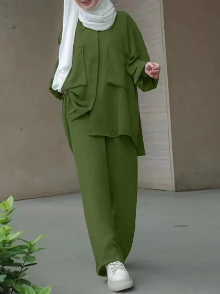 Frauen Casual Muslimischen Anzug Solide Abaya Eid Ramadan Langarm Bluse + Hosen 2-teiliges Set Dubai Türkei Kaftan Frauen islamische Kleidung