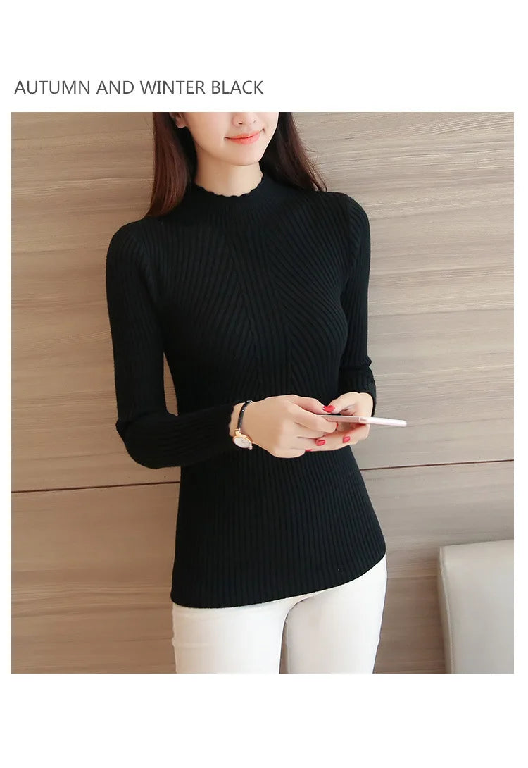 2025 herbst Frauen Mock Neck Rüschen Pullover Langarm Gestrickte Bodenbildung Solide Pullover Streifen Frauen Casual Pullover Winter