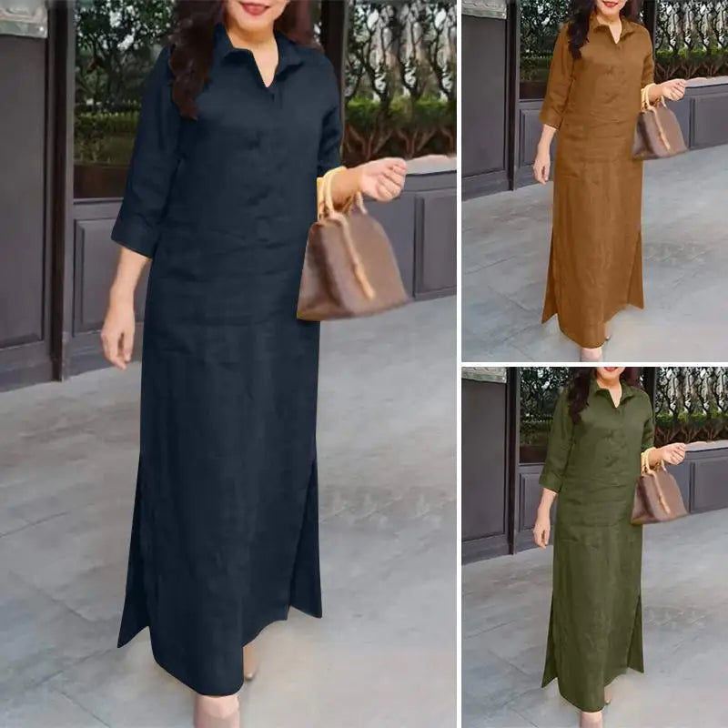 Zanzea Mode Frühling Revers Hals 3/4 Ärmel solide Kaftan Sommerkleid elegante Frauen langes Hemd Kleid Robe Femme Arbeit Party Vestido