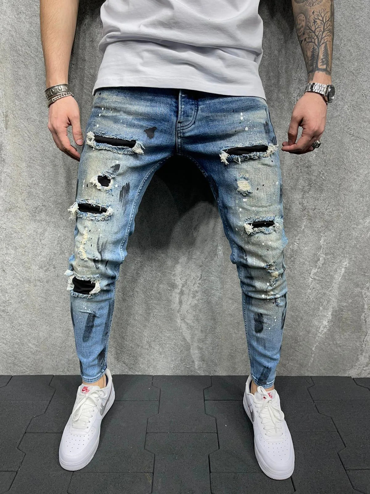 Slim-Fit-Jeans mit zerrissener Knöchelhose für Herren, bemalte Jeans