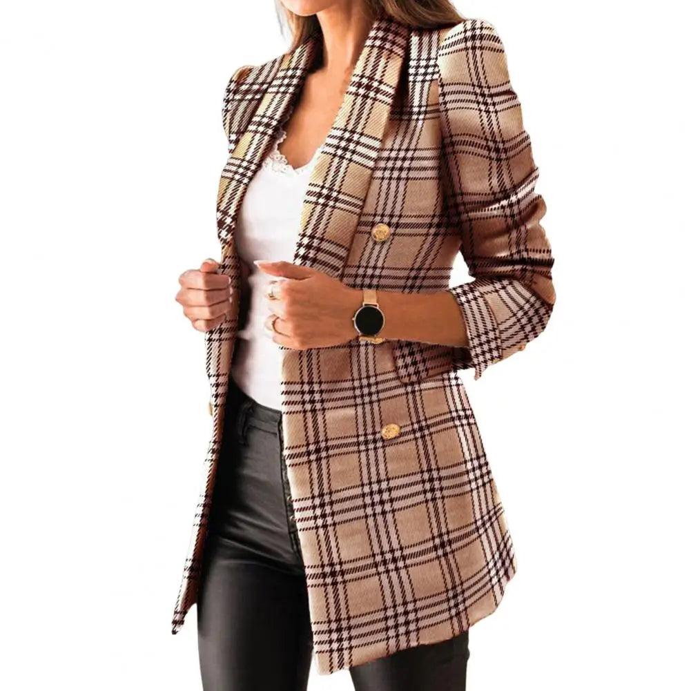Frauen Herbst Blazer Revers Strickjacke Lange Ärmeln Doppel-breasted Slim Fit Warm Lässige Dick Plaid Print Lady Mantel für arbeit Jacke
