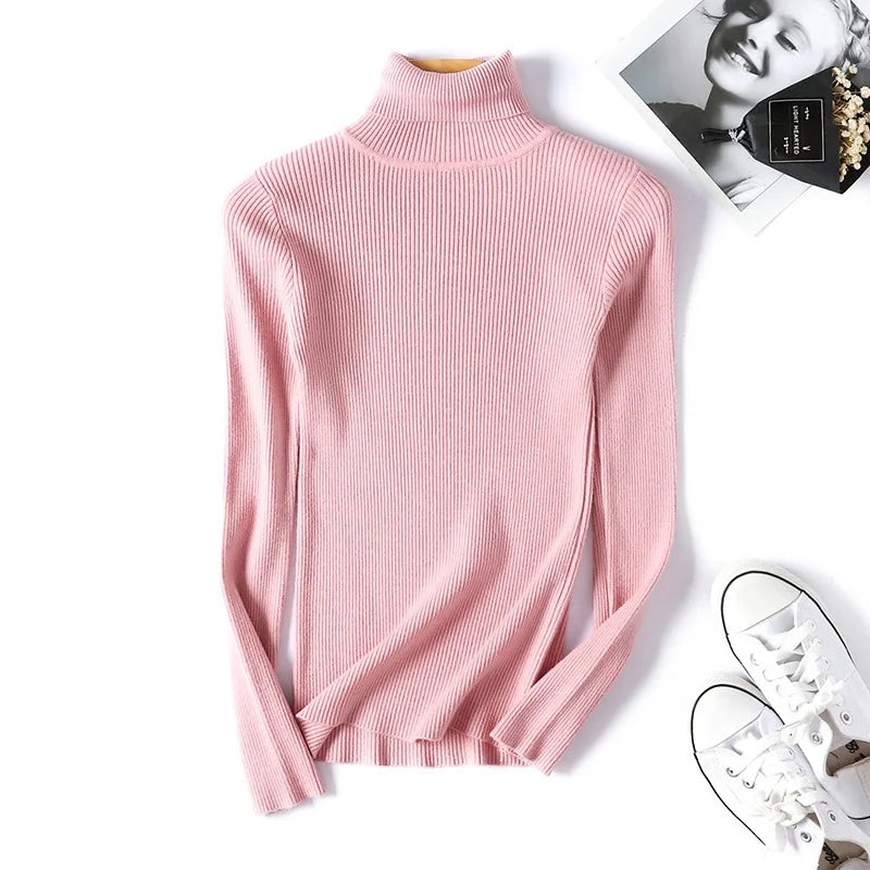 Neue Herbst Winter Frauen Gestrickte Rollkragenpullover Casual Weiche Polo-neck Jumper Mode Schlanke Elastizität Solide Rippen Pullover