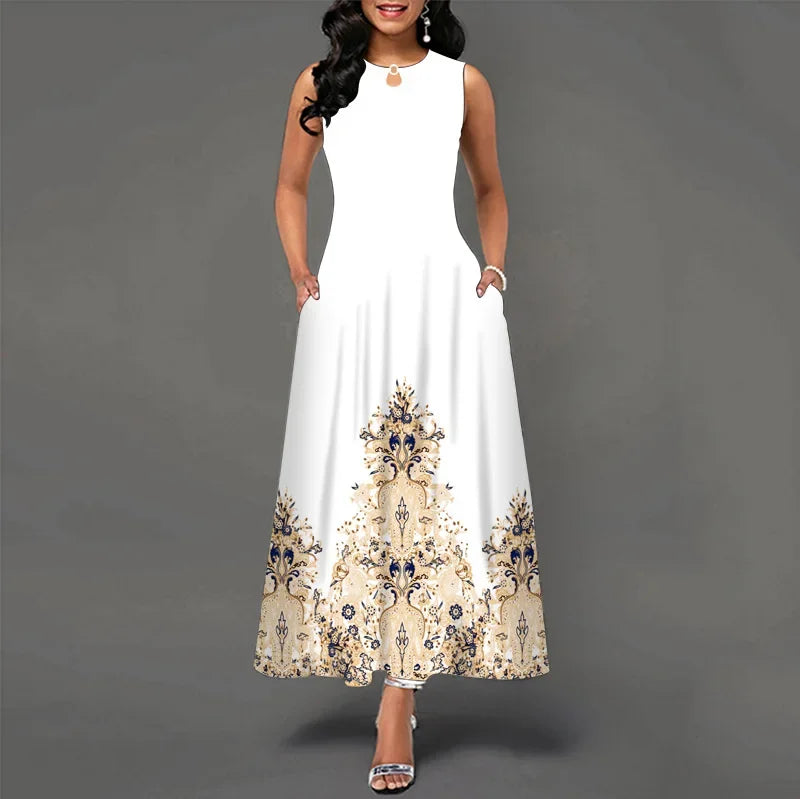 Blumendruck Neues lässiges ärmelloses langes Kleid Damen V-Ausschnitt bedrucktes Kleid Swing Bohemian Retro Kleider