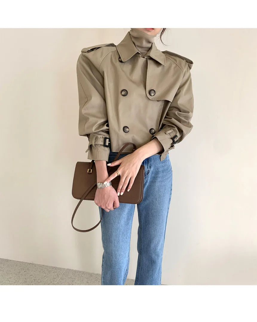 Vintage Zweireiher Graben Jacken Frauen Lose Chic Büro Dame Crop Tops Herbst Weibliche Mäntel Alle-spiel Lose Windjacke