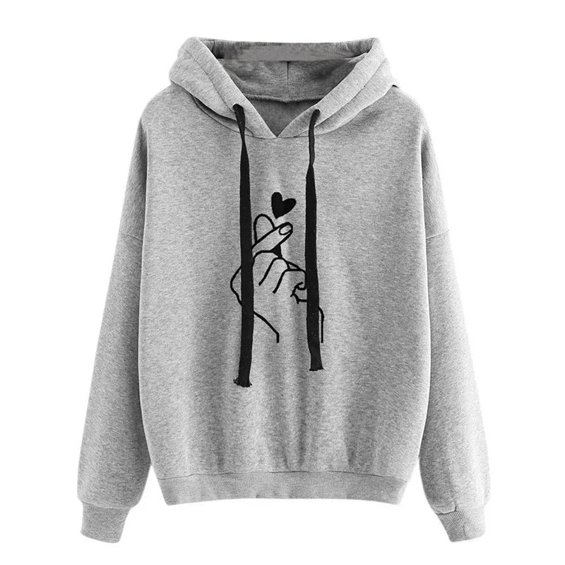 Herbst Fleece Hoodie Einfarbig Finger Herz Mit Kapuze Koreanische Mode Sweatshirts Langarm Top Kordelzug Taschen Lose Hoodies