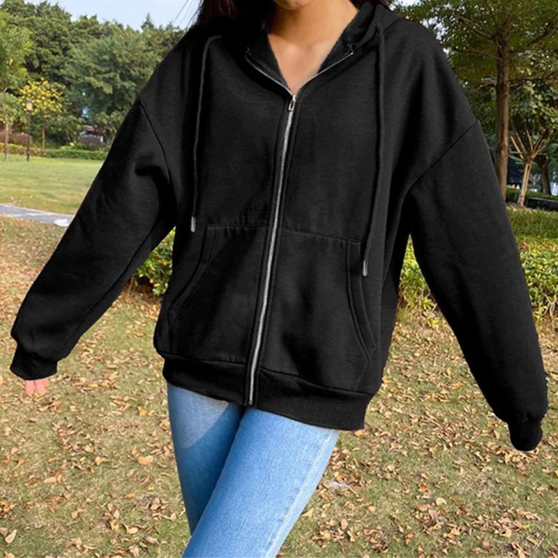 Herbst Fleece Hoodie Einfarbig Mit Kapuze Koreanische Mode Sweatshirts Langarm Top Kordelzug Taschen Lose Zipper Schwarz Hoodies