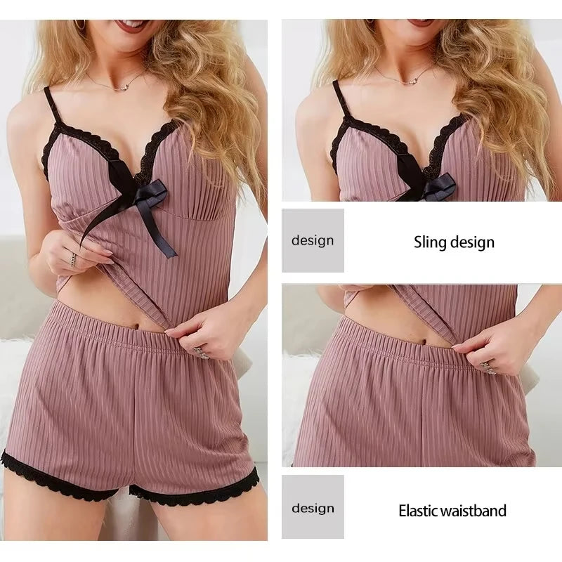 Neues sexy geripptes Pyjama-Set für Damen mit Spitzenbesatz, Cami-Top und Shorts, zweiteilige Nachtwäsche, Loungewear, V-Ausschnitt mit Schleife, Spaghettiträger