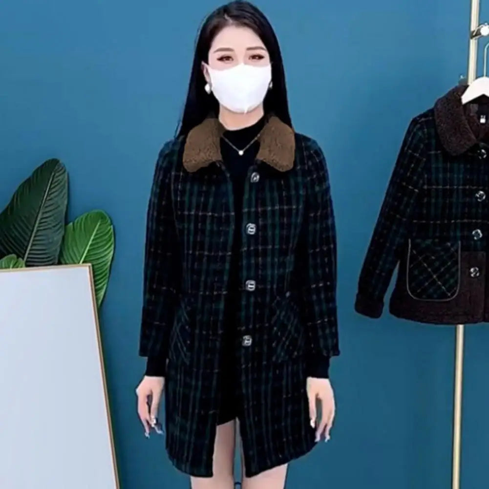 Frauen Plaid Mantel Karierten Winter Mutter Jacke Taschen drehen-unten Kragen einreiher Mid Länge Mantel Mid-aged frauen Mantel