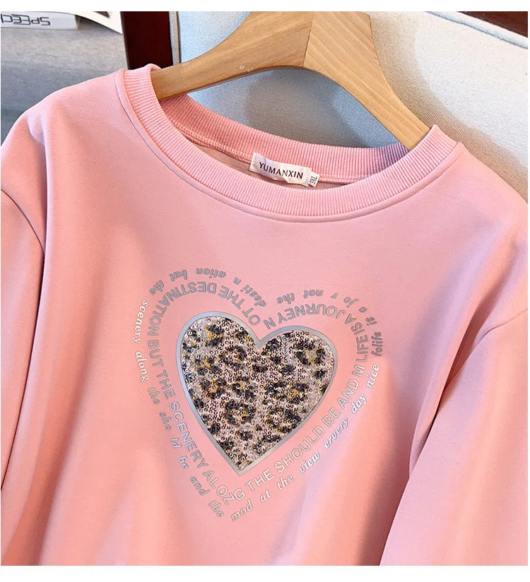 175 kg Übergröße Damen Büste 170 Frühling Winter Lose Rundhals Langarm Bedrucktes Sweatshirt Schwarz Rosa 5XL 6XL 7XL 8XL 9XL