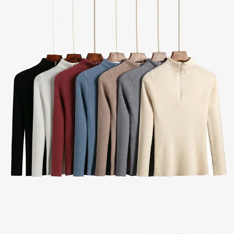 Frauen Fashion Solid Strick Pullover Vintage Langarm Zip-up Grundlegende Hälfte Rollkragenpullover Weibliche Pullover Chic Casual Tops