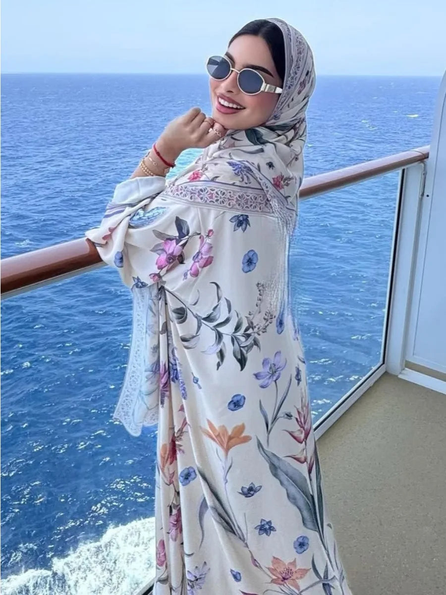 Eid Frauen Abaya Blume Drucken Offene Strickjacke Schal Party Kleid Muslimischen Langarm Jalabiya Ramadan Abayas Kaftan Arabischen Lange Robe
