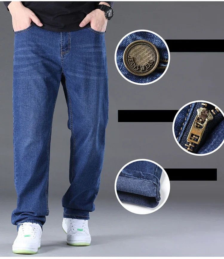 Große Größe Herren Jeans High Stretch Denim Stoff Große Größe Hosen für 45-150 kg Jeans Hombre Jeans mit weitem Bein Pantalon Homme