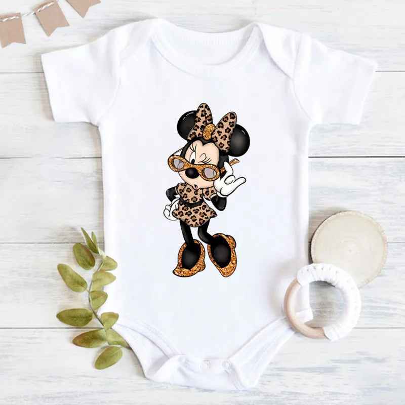 Niedliche Leopard Minnie Maus Disney Newbron Bodys Baby Kleidung Sommer Kurzarm Baumwolle Minnie Kawaii Stram pler Overall