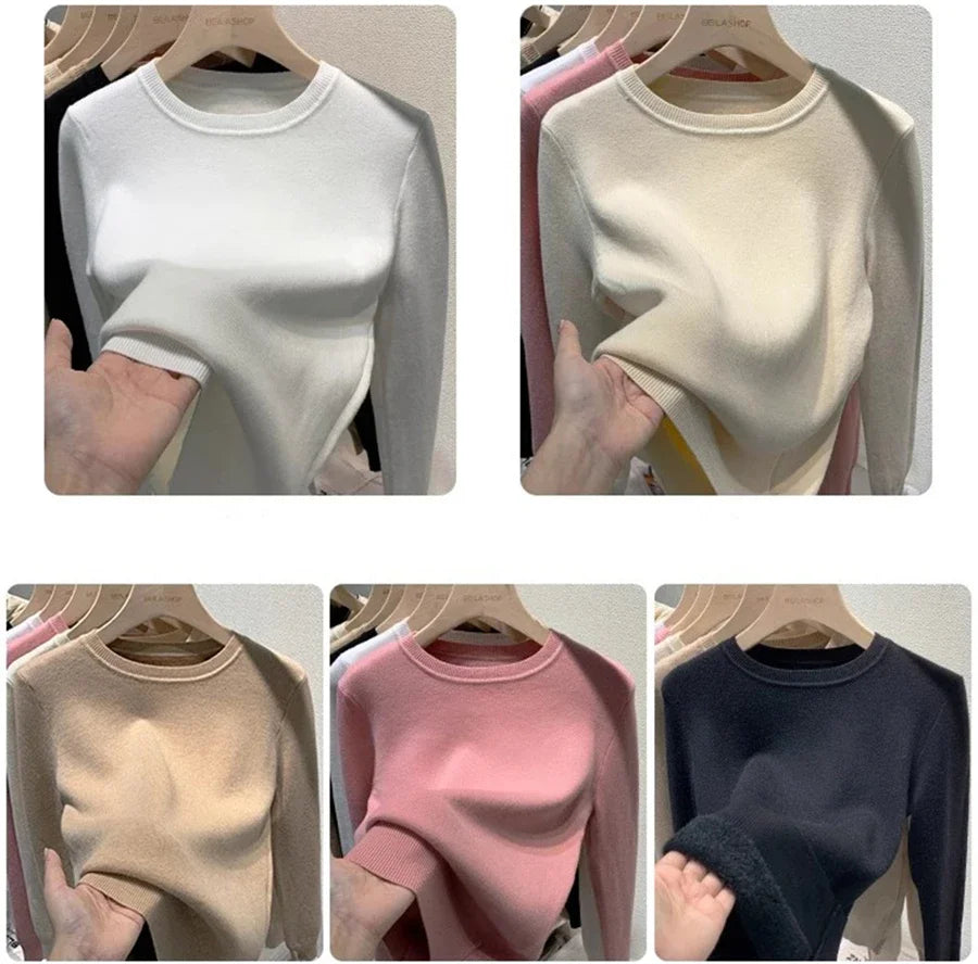 Rosa Pullover Frauen Winter Dicke Warme Stricken Pullover Schlank Plüsch Samt Gefüttert Strickwaren Jumper Langarm Tops Oansatz Poleras Mujer