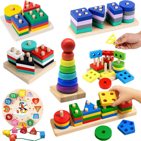 Montessori Wooden Block Toys Children Geometric Shape Color Sorter Block Puzzles Toddler Sorting Math Bricks Stacking Toys.
