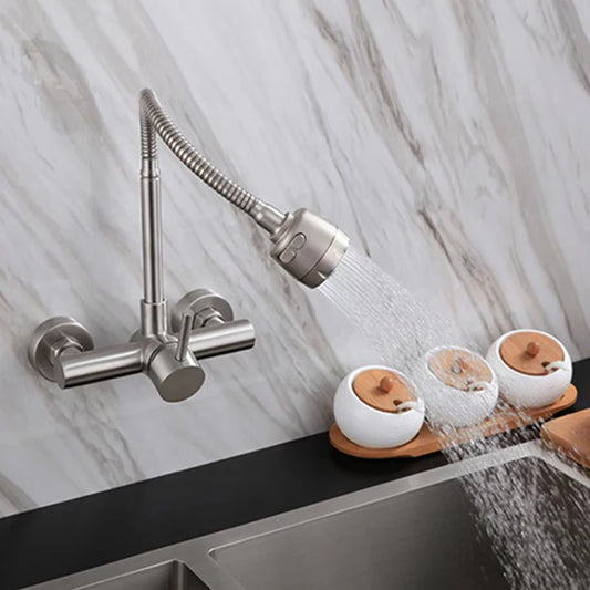 Universal Wall Mounted Stainless Steel Kitchen Faucet Cold and Hot Tap 360 Degree Swivel Flexible Hose Single Handle Faucet