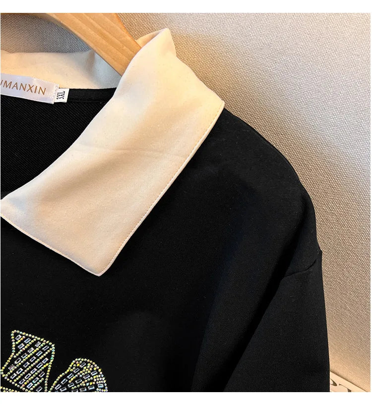 170 kg Plus Size Damen-Büste 170 Frühling Herbst Loose Diamond Collared Sweatshirt Schwarz 4XL 5XL 6XL 7XL 8XL 9XL
