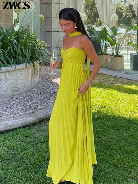 Elegante trägerlose Band-Plissee-Kleider für Damen, sexy, ärmellos, rückenfrei, langes Kleid, 2025, Frühjahr, neue Dame, Abendparty-Roben.