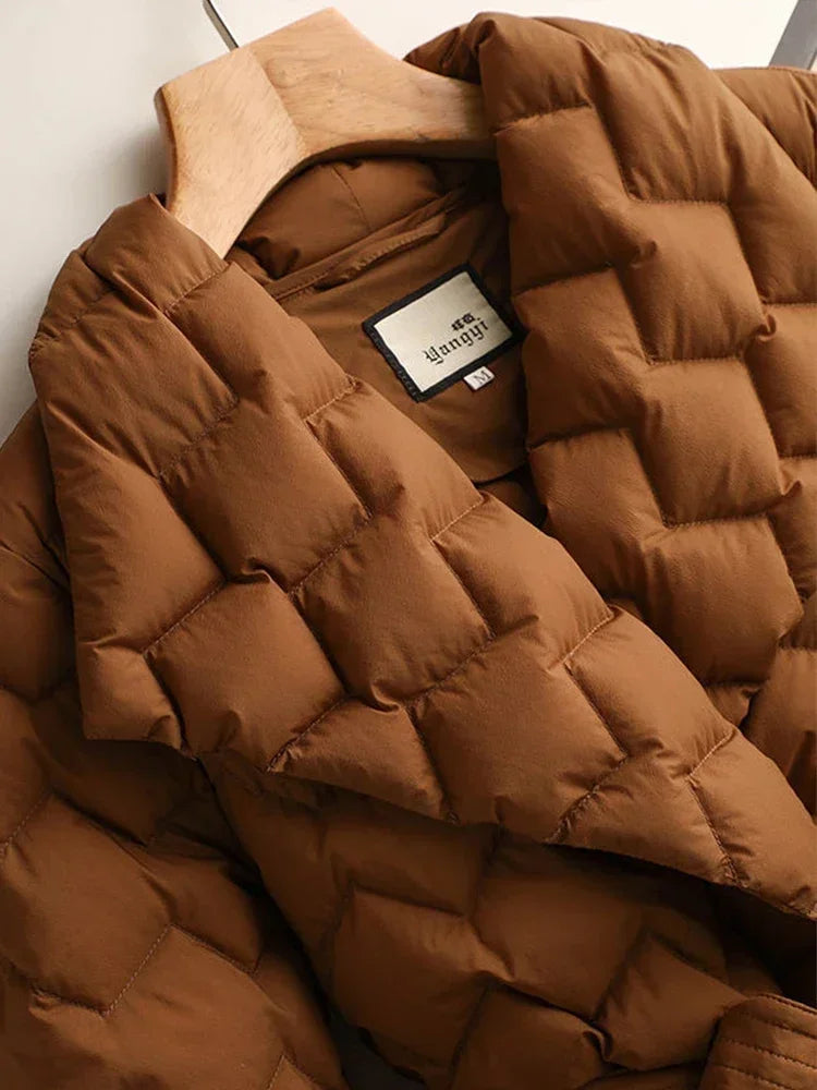 Leichte Daunen jacke mit Gürtel Frauen eleganter Krawatten gürtel lange Baumwolle weiße Ente Daunen Parka weibliche Damen Jacken Winter neu 2024