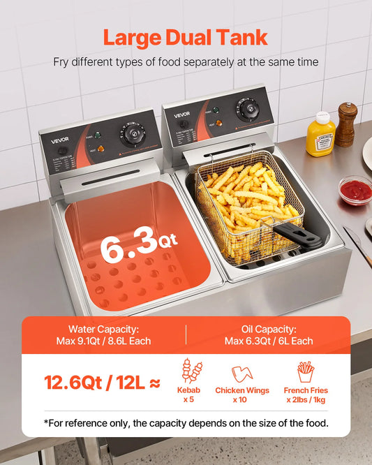 SucceBuy 12L 5000W elektrische Fritteusen, zwei Tanks mit Doppelkorb und Deckel, doppelte Fritteuse, einstellbare Temperaturregelung