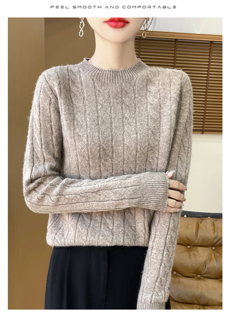 Frauen 100% Merino Wolle Verdickung Pullover Oansatz Gestrickte Twisted Pullover Herbst Winter Kaschmir Langarm Kleidung Basis Tops