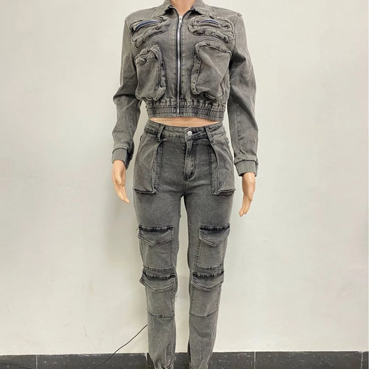 Pant Sets Long Sleeve Women Tracksuit Zipper Denim Coat Cargo Ankle Length Pants Pockets High Street Spliced Slim 2024.