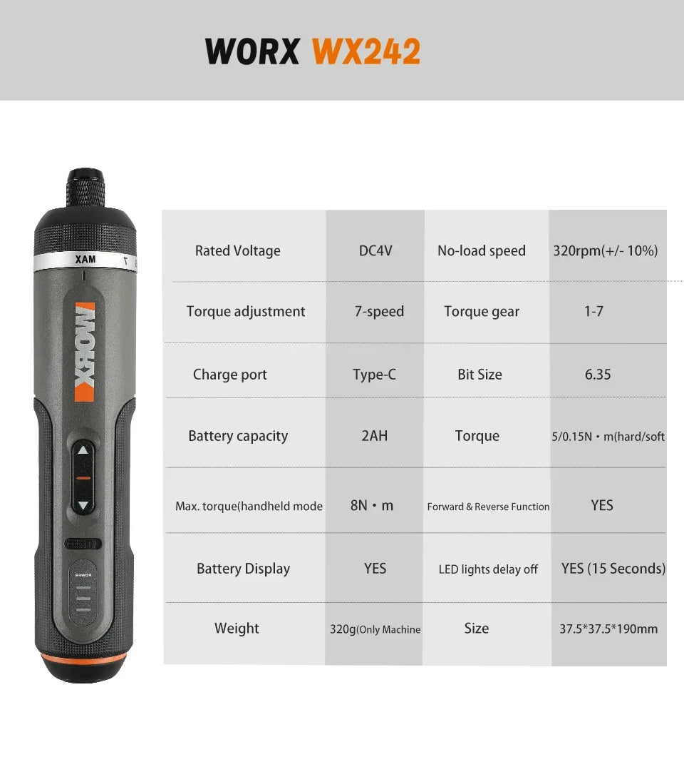 Worx WX242 Elektroschrauber-Set, intelligenter Akku-Bohrschrauber, Schraubendreher, USB-Ladegriff, 30-teiliges Set, Elektroschrauber