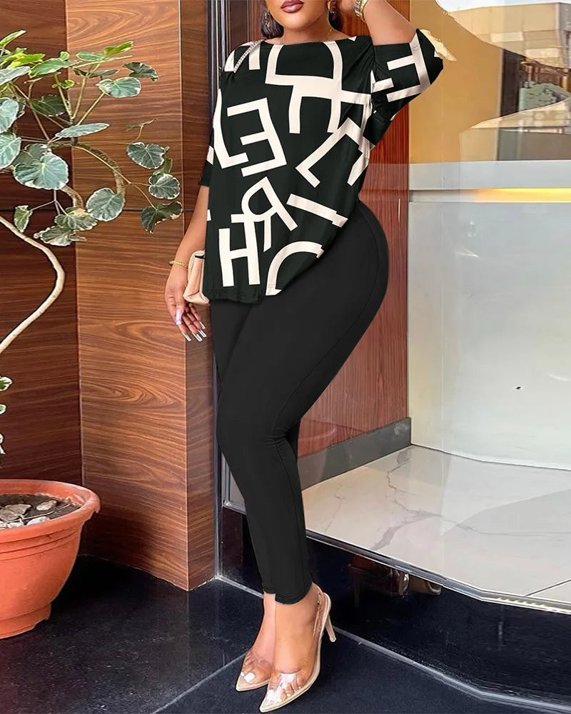 Autumn Women's Clothing New Fashion Print Sexy Backless Round Neck Five Quarter Sleeve Pants Two-piece Casual Comfortable Set