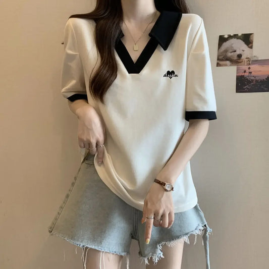Plus Size Women's Casual Polo Neck Short Sleeve T-Shirt Slimming Belly Cover Summer Age Defying Shoulder Level Top.