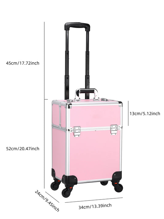 TravelRolling Makeup Train Case Large Capacity Cosmetic Trolley, Aluminum Professional Travel Case with Key.