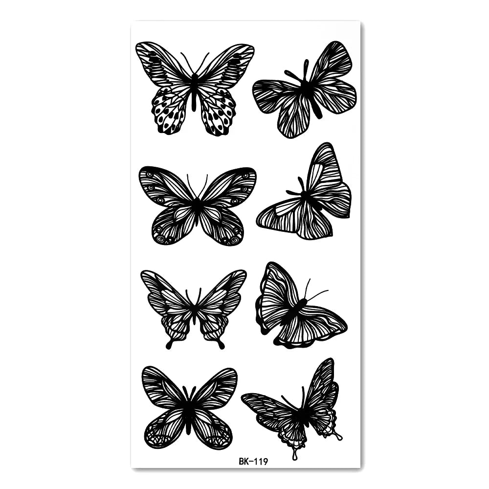 1/6pcs Black Butterfly Fake Tattoo Waterproof Temporary Tattoo Stickers Leg Arm Hand Foot Body Arts Magic Flower Texture Sticker