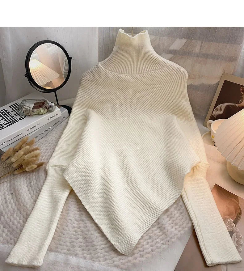 2025 Korea Herbst Winter Frauen Mode Unregelmäßigen Lose Stricken Pullover Vintage High Neck Langarm Weibliche Pullover Chic Tops